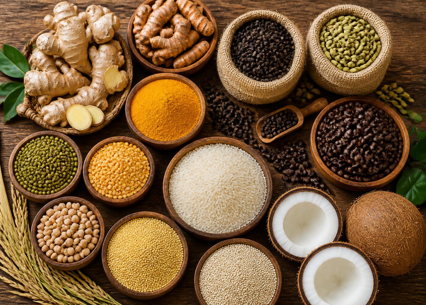 Indian agricultural export commodities including ginger, turmeric, pepper, cardamom, rice and pulses