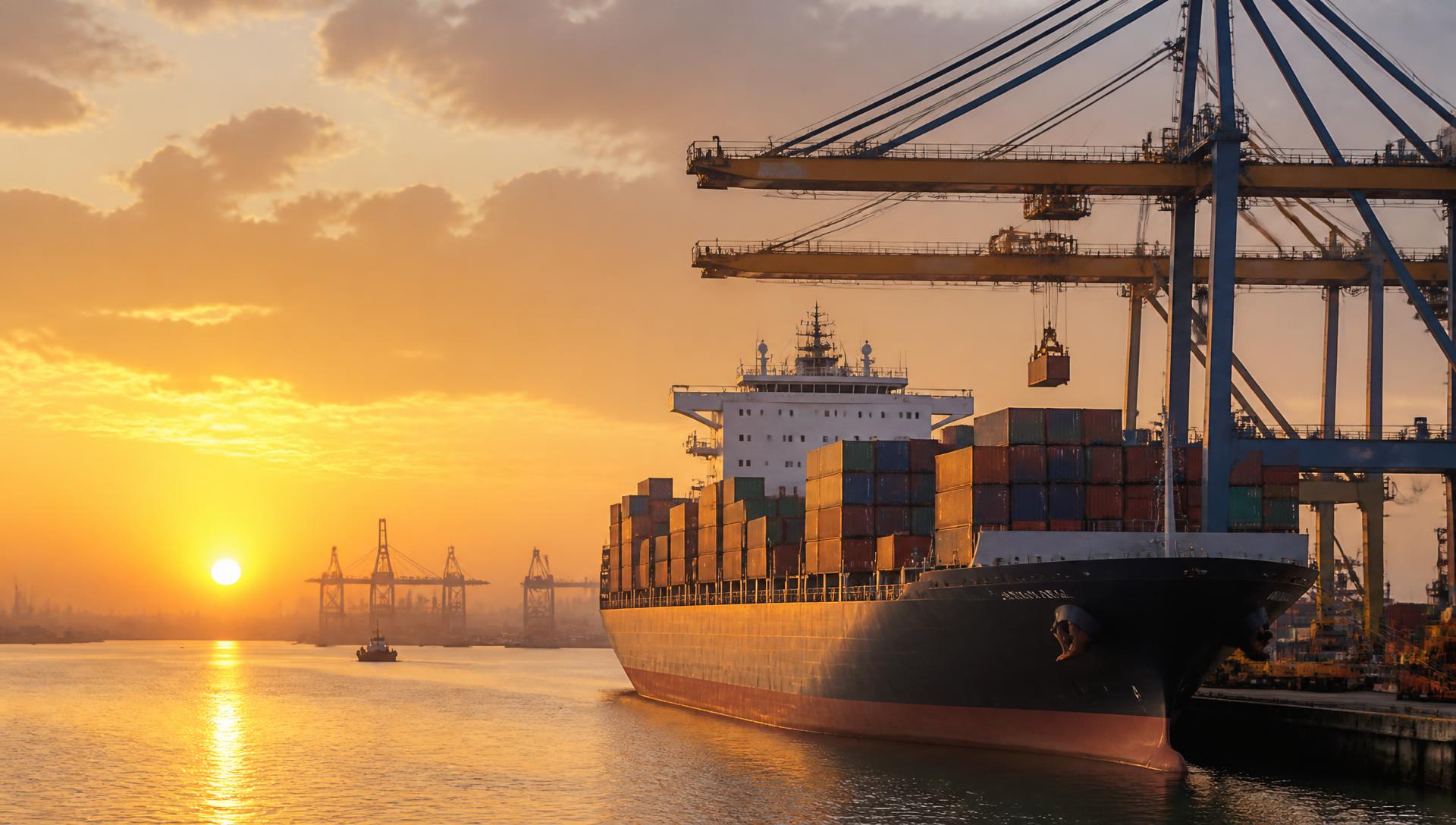 Container ship being loaded at an Indian port at sunrise